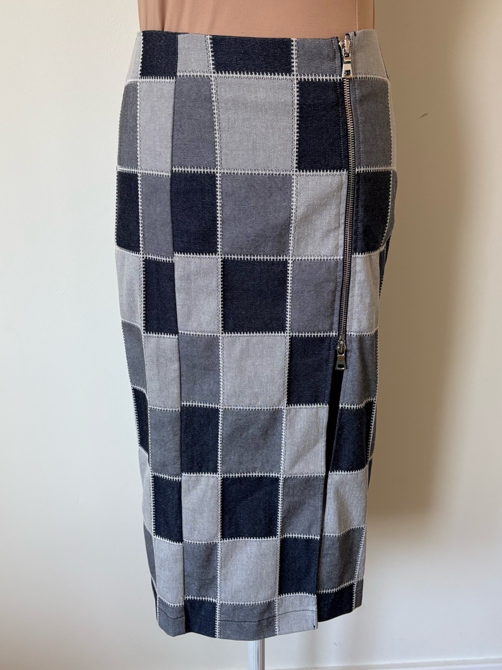 Reformation Sustainable Denim Patchwork Blue Jean Zip Slit Pencil Skirt EUC Sz 4